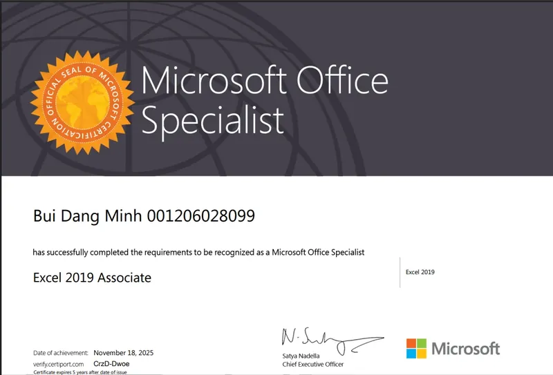 Chứng chỉ Microsoft Office Specialist Excel